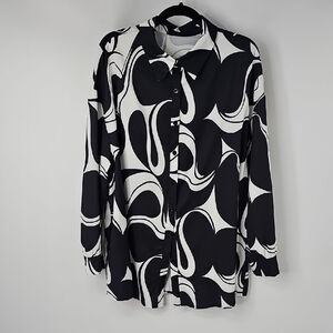Shein Curve 2XL 70s Vibe Swirly Black & White Button Front Blouse